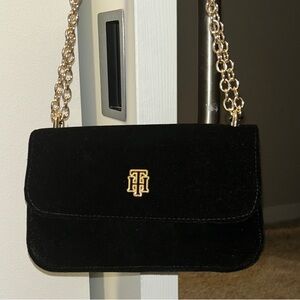 Tommy Hilfiger Black Velvet Clutch with Gold Chain